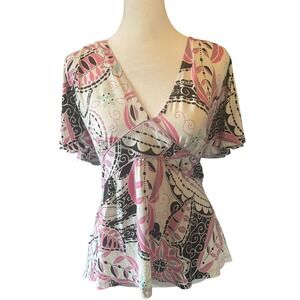 New York & Company Womens Y2K Babydoll Floral Paisley Empire Waist Top XL Boho